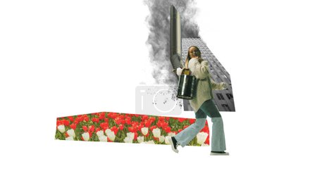 Photo for Smiling young woman walking with garbage over industrial pollution and factories. Dreaming about clean nature. Contemporary art collage. Concept of ecology, environment, problem, awareness - Royalty Free Image