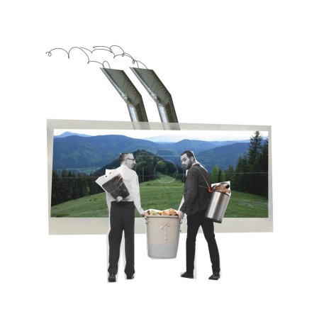Foto de Dos hombres llevando basura basura sobre la montaña y la imagen del bosque. Seguridad ambiental. collage de arte contemporáneo. Concepto de ecología, medio ambiente, problema, conciencia - Imagen libre de derechos