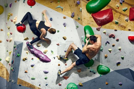 Photo for Athletic young people, man and woman training, climbing artificial rock wall, training bouldering. Concept of sport, bouldering, sport climbing, hobby, active lifestyle, school, training course - Royalty Free Image