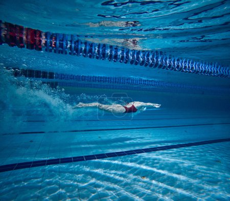 Foto de Nadar bajo el agua. Niña en traje de baño rojo, gorra y gafas de entrenamiento, practicar, nadar en la piscina en el interior. Concepto de deportes de piscina, deportes acuáticos, competición, estilo de vida activo - Imagen libre de derechos