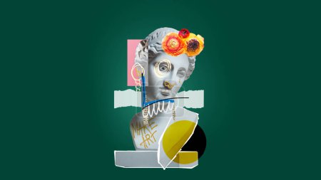 Photo for Female attributes. Antique statue bust with doodles and photo elements over dark green background. Contemporary artwork. Concept of postmodernism, creativity and surrealism, imagination. Poster, ad - Royalty Free Image