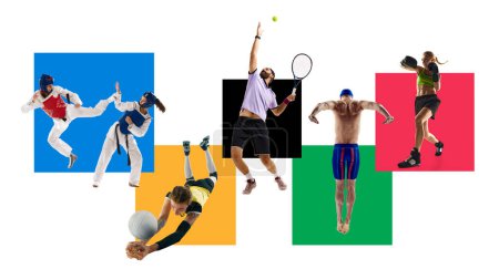 Photo for Dynamic image so of various athletes of different kind of sports in motion during game over white background with colorful elements. Collage. Concept of sport, tournament, competition, game. - Royalty Free Image