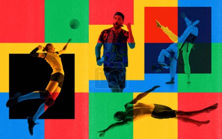 Photo for Monochrome art. Young athletic people, sportsmen of different sports in motion over multicolored background. Concept of sport, tournament, competition, game. Sports event promotion - Royalty Free Image