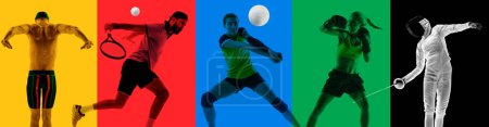 Photo for Monochrome set. Collage made of various athletes of different sports in motion over multicolored background. Banner for sport events. Concept of sport, tournament, competition, game. - Royalty Free Image
