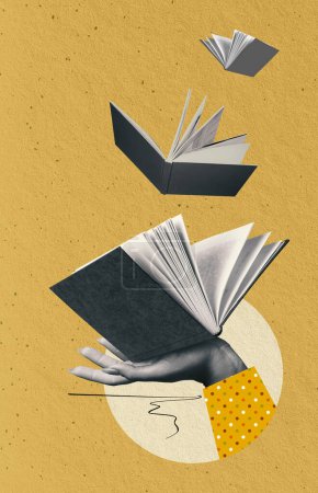 Photo for Human hand holding open book over yellow background. Contemporary art collage. Reading apps and book review platforms. Concept of education, reading, knowledge. Poster for book store - Royalty Free Image
