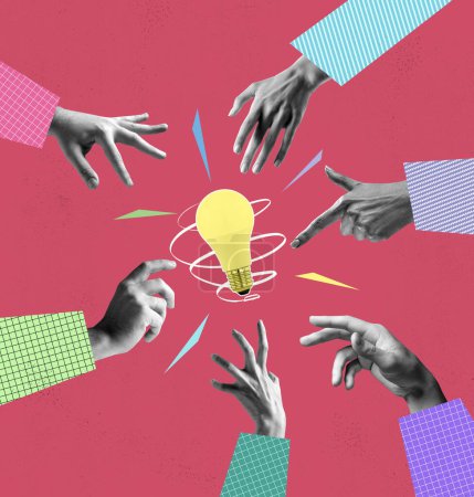 Photo for Teamwork and collaboration. Human hands reaching lightbulb symbolizing creative business idea. Contemporary art collage. Concept of business, career, development, teamwork, brainstorming - Royalty Free Image
