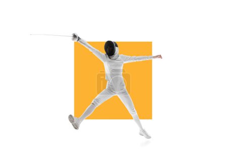 Photo for Female fencer in motion, training over white background with yellow element. Coordinated movements. Concept of professional sport, competition, championship, hobby. Poster for ad - Royalty Free Image