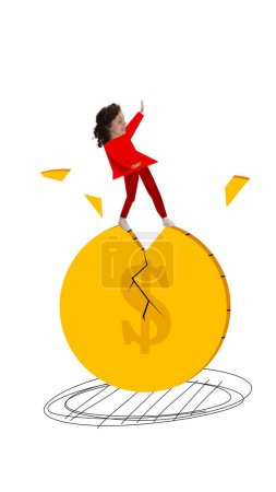 Photo for Young woman balancing on crashing coin. Start of financial crisis, bankruptcy. Contemporary art collage. Concept of economic crisis, business, failure, challenges, trade market - Royalty Free Image