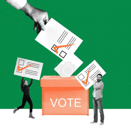 Photo for Young people attending elections, putting ballot paper into ballot box, choosing candidate. Contemporary art collage. Concept of elections day, politics, democracy, human rights. Poster. - Royalty Free Image