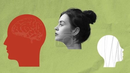Photo for Philosophy of mind, complexity of human thoughts. Female head and two head silhouettes symbolizing spectrum of mental health conditions. Concept of psychology, inner world, diversity, therapy - Royalty Free Image