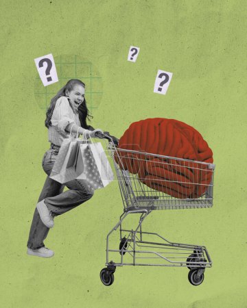 Photo for Advertisement for personal finance app that helps manage impulsive spending and budgeting. Girl pushing shopping cart with large brain inside, surrounded by question marks. Impulsive shopping - Royalty Free Image