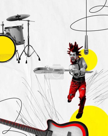 Téléchargez les photos : Un guitariste punk rock sautant dans les airs, avec batterie et microphone, sur fond abstrait. - en image libre de droit