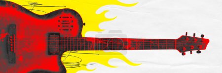 Téléchargez les photos : Campagne sur les médias sociaux pour la sortie prochaine de l'album des groupes de rock, en utilisant la guitare comme symbole. Image stylisée d'une guitare électrique en rouge et noir, avec des formes jaunes abstraites suggérant une énergie musicale - en image libre de droit