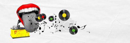 Photo for Retro music festival banner. Open female mouth expressing excitement and energetic boost with vinyl record player and gramophone sounds. Template for music school, concerts and events - Royalty Free Image
