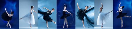 Téléchargez les photos : Belles jeunes femmes, danseuses de ballet professionnelles exécutant des jeux traditionnels et classiques sur fond bleu. Collage. Concept de danse classique style, théâtre, beauté, inspiration - en image libre de droit