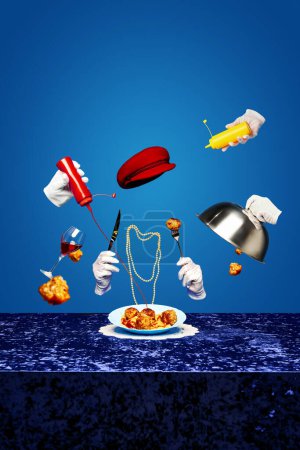 Photo for Gastronomy Illusion. Creating illusion of floating banquet, this concept merges real with surreal in food presentation. White-gloved hands serve meatballs, pearls, wine and floating sauces on blue - Royalty Free Image