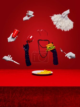 Photo for Poster for a themed restaurant where fashion meets fast food. Floating gloves hold burger, chips, wine, with fur boa and sunglasses on red background. Concept of fast food and restaurant, junk food - Royalty Free Image