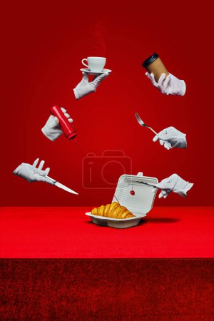 Photo for Ad for a breakfast delivery service showcasing convenience and variety. White-gloved hands float, offering coffee, croissant on red background. Concept of breakfast food, bakery and coffee shops - Royalty Free Image