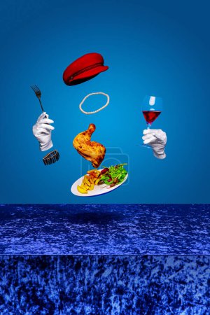 Photo for Delicious dinner. Levitating fiend chicken and red wine with female accessories of cap and pearl necklace over blue background. Concept of surrealism, food poster, fast food - Royalty Free Image