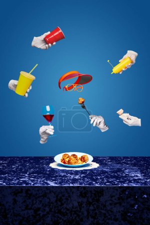 Photo for Surreal fine dining. Imaginative take on haute cuisine, presenting food with surreal twist of floating objects and disembodied hands. Meatballs and wine. Concept of surrealism, food poster, fast food - Royalty Free Image
