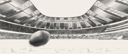 Téléchargez les photos : Esquisse créative art design. Ballon de football américain sur gazon du terrain de football au stade avec projecteur. Des dessins. Concept de sport, compétition, jeu. Affiche, bannière pour événements sportifs - en image libre de droit