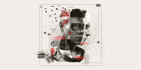 Photo for Human development. Male portrait with hyperbolic elements. Neuroscience, anatomy. Stylized profile of a person with exposed brain and eye with red geometric accents. Psychology, surrealism art concept - Royalty Free Image