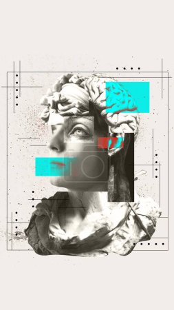 Photo for Art piece for a neuro aesthetics exhibition, exploring the beauty of the mind. Focus on neurology and research. Digital collage of a classical statue with a brain illustration and cyan overlays. - Royalty Free Image