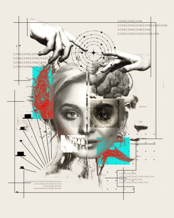 Photo for Visual art for a campaign promoting the neurological basis of emotions and love. Collage of a woman, brain illustration, and abstract elements with text. Love. Psychology, surrealism art - Royalty Free Image