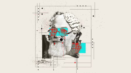 Photo for Cover design for a journal on cognitive psychology and brain health in seniors. Podcast discussing philosophy and life experiences. Elderly man with brain illustration and abstract elements. - Royalty Free Image