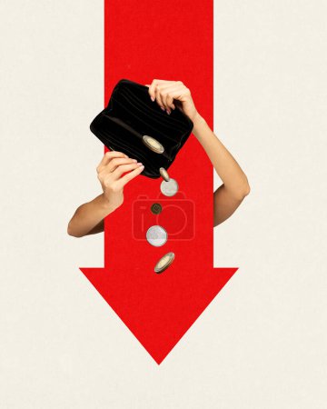 Photo for Human hand opening almost empty wallet with coins falling down over giant red arrow. No money. Contemporary art collage. Concept of economic crisis, business, depression, finances, challenges - Royalty Free Image