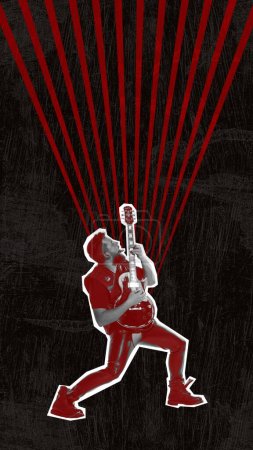 Photo for Poster. Contemporary art collage. Red-toned guitarist playing energetic heavy metal with lightning graphics against dark. Concept of Rock-n-roll day, concert, festival, music, dance. Magazine style. - Royalty Free Image
