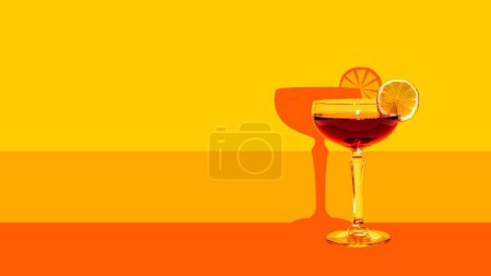 Photo for Contemporary art collage. Desert and Negroni. Refreshing alcoholic cocktails sitting on vivid bar counter against yellow background. Concept of parties and holidays, Friday mood, summertime. - Royalty Free Image