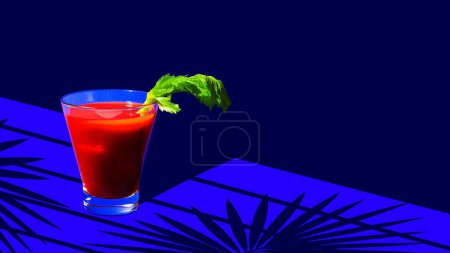 Photo for Contemporary art collage. Spicy and Refreshing. Classic Bloody Mary cocktail garnished with celery serving on blue bar counter with shadows of plants. Concept of parties and holidays, Friday mood. - Royalty Free Image