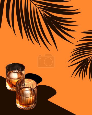 Photo for Contemporary art collage. Liquor drinks with ice cubes stands on surrealistic sunset surrounded black shadows of plants. Concept of parties and holidays, Friday mood, summertime, vacation. - Royalty Free Image