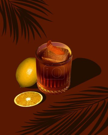 Photo for Contemporary art collage. Glass of strong alcohol drink with lemon sitting on brown bar counter surrounded shadows of plants. Concept of parties and holidays, Friday mood, summertime. - Royalty Free Image