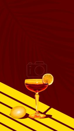 Photo for Contemporary art collage. Aperol Spritz cocktail garnished with lemon slice served against creative yellow-burgundy background with silhouettes of plants leaves. Concept of parties, Friday mood. Ad - Royalty Free Image