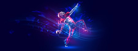 Photo for American football athlete in motion, throwing ball over gradient blue background with polygonal and fluid neon elements. Concept of sport, action, competition, tournament. Banner for sport events - Royalty Free Image