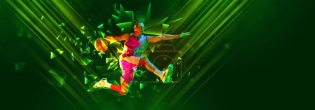 Photo for Young sportive man, basketball player in motion, jumping with ball on green background with polygonal and fluid neon elements. Concept of sport, action, competition, tournament. Banner for sport event - Royalty Free Image