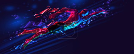 Photo for Professional male swimmer in swimming cap and goggles in motion on blue background with polygonal and fluid neon elements. Concept of sport, action, competition, tournament. Banner for sport events - Royalty Free Image