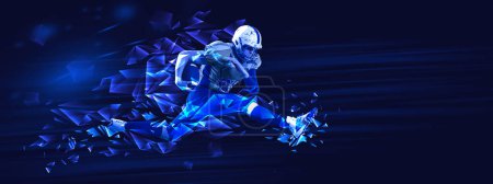 Photo for Dynamic image of young man, American football player in motion, running with ball on blue background with polygonal and fluid neon elements. Concept of sport, tournament. Banner for sport events - Royalty Free Image
