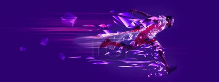 Photo for African young man, running athlete in motion training on purple background with polygonal and fluid neon elements. Concept of sport, action, competition, tournament. Banner for sport events - Royalty Free Image