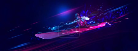 Photo for Rowing. Young woman, kayaker in canoe, kayak training on gradient background with polygonal and fluid neon elements. Concept of sport, action, competition, tournament. Banner for sport events - Royalty Free Image