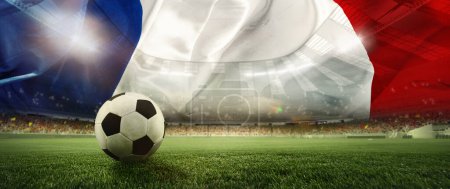 Photo for Soccer ball on soccer field with the French flag in the background. International championship. Representing team of France. Concept of competition, sport championship, tournament, game event - Royalty Free Image