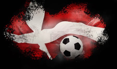 Photo for Promotional poster for sport live events. Soccer ball against with Danish flag against black background. National symbols. Concept of competition, championship, tournament, game event - Royalty Free Image