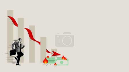 Photo for Financial recessions on small businesses. Conceptual design. Businessman running over financial graph with red arrow going down. Concept of economy, crisis, business, global economic recession - Royalty Free Image