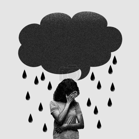 Foto de El juicio social influye en la personalidad humana. Diseño moderno conceptual. Mujer triste de pie bajo la nube con gotas de lluvia, lágrimas, simbolizando la tristeza. Concepto de salud mental, depresión, emociones - Imagen libre de derechos