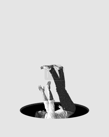 Téléchargez les photos : Homme tombant dans un trou noir symbolisant perdu avec la réalité. Incertitude et position instable. Concept de santé mentale, dépression et tristesse, thérapie, émotions. Design moderne conceptuel. - en image libre de droit