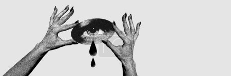 Photo for Feale hands holding crying eye. Suffering from loneliness, false expectations and personal problems. Conceptual modern design. Concept of mental health, depression and sadness, therapy, emotions - Royalty Free Image