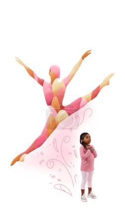 Photo for Little girl and silhouette of ballerina dancing. Child dreaming of becoming famous ballet dancer. Contemporary art collage. Concept of childhood dreams, fantasy, future. Creative conceptual design - Royalty Free Image