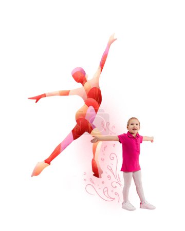 Photo for Little girl and silhouette of figure skater dancing. Child dreaming to study figure skating. Contemporary art collage. Concept of childhood dreams, fantasy, future. Creative conceptual design - Royalty Free Image